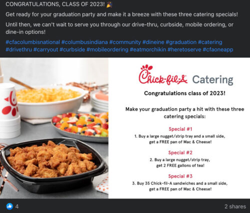 Internship social media post displaying information about catering specials.