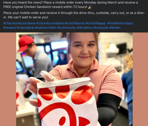 Social Media post of employee holding an original Chick-fil-A Sandwich