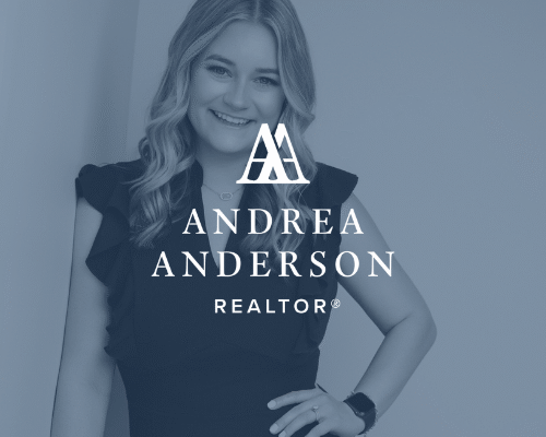 Icon of real estate agent Andrea Anderson in the background with her logo in the foreground.
