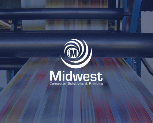 An image of a printer in the background with the Midwest Computer Solutions and Printing logo in the foreground.