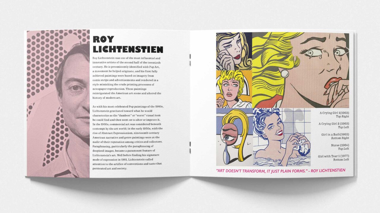 Picture of first page design of booklet featuring Roy Lichtenstien.