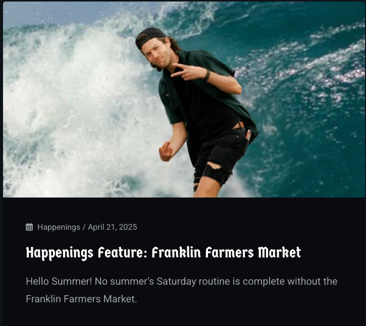 Screenshot of a blog article link to the live blog article about the Franklin Farmers Market found on the redesigned Pearl Coffee Co website.