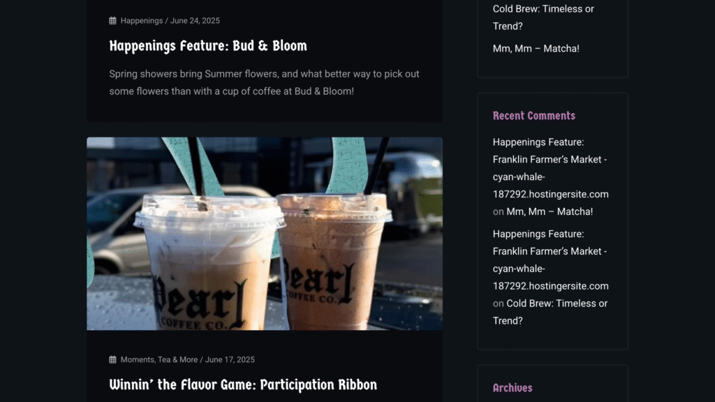 Screenshot of the blog section of the redesigned Pearl Coffee Co website.