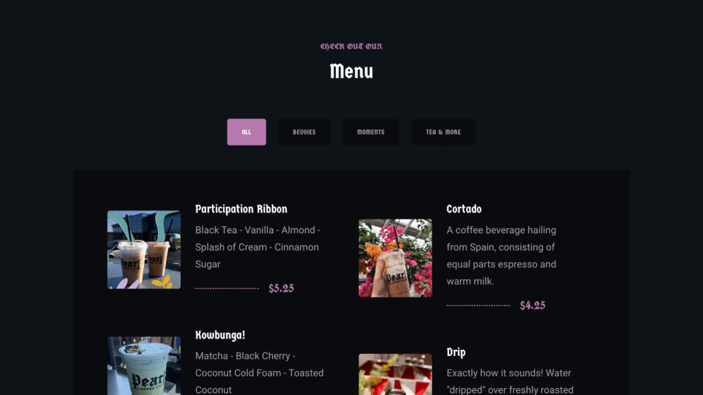 A screenshot of the menu section from the redesigned Pearl Coffee Co website